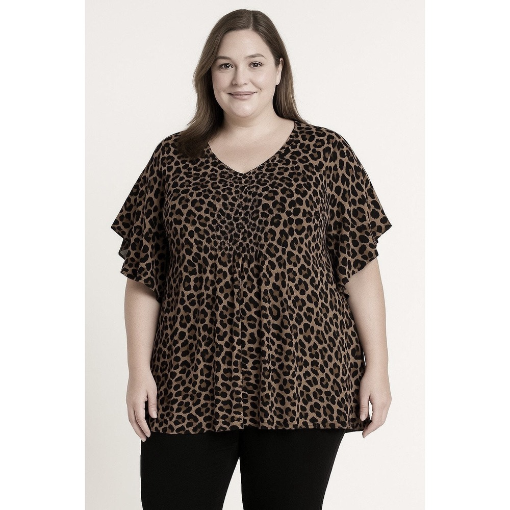 Catherines Womens 3X Leopard Print Smocked Pleated Studded V-Neck Ruffle Top
